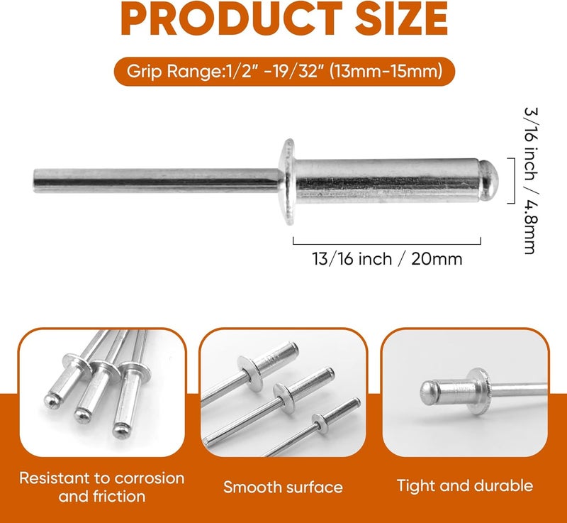 ALLCLEAN 125 Pcs 3/16" x 3/4" Aluminum Blind Rivets,4.8 x 20mm Pop Rivets,Aluminum Grip and Steel Mandrel - Image 2